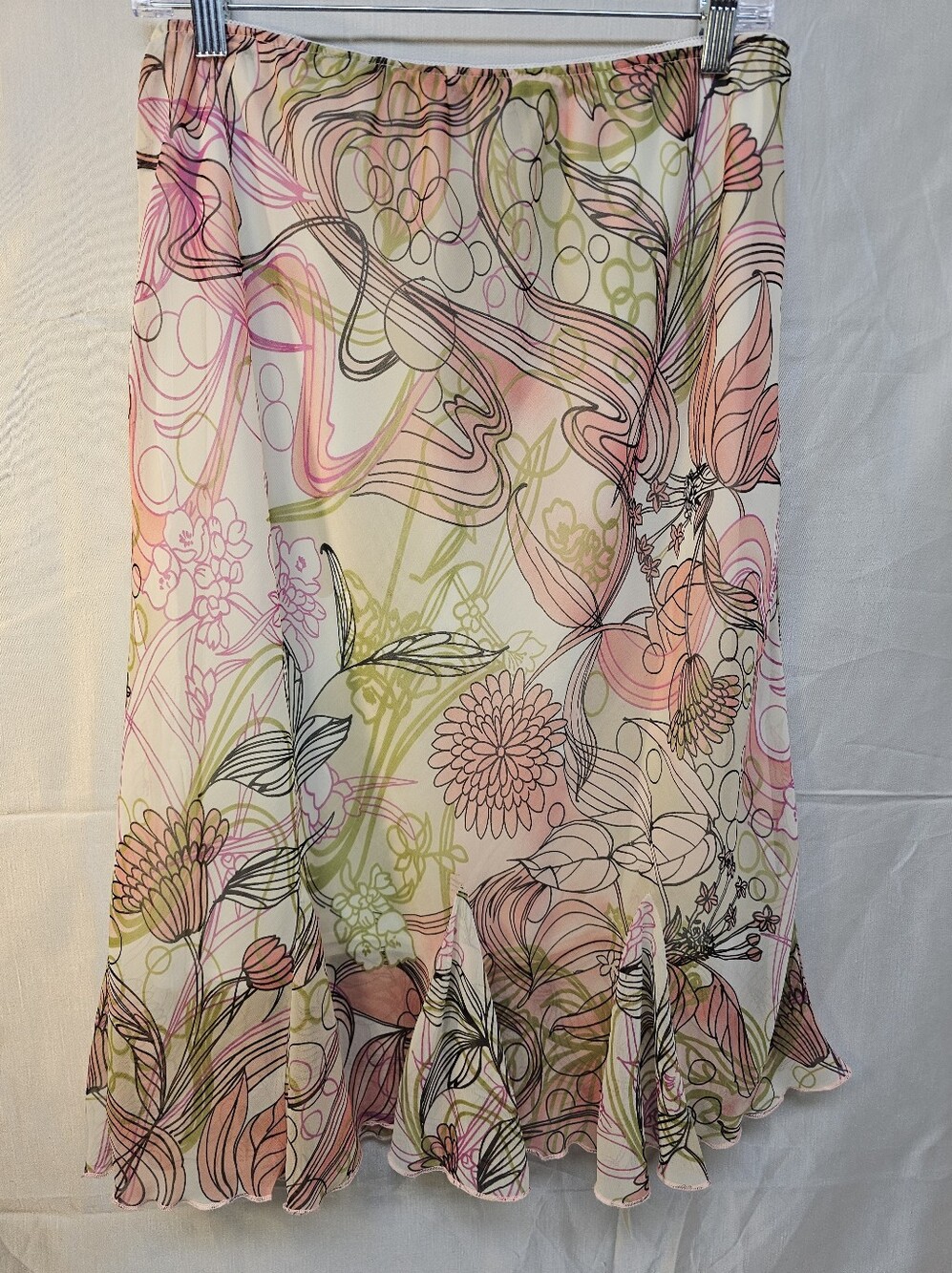 New York Clothing Co. Floral Pink & Green Chiffon Midi Skirt